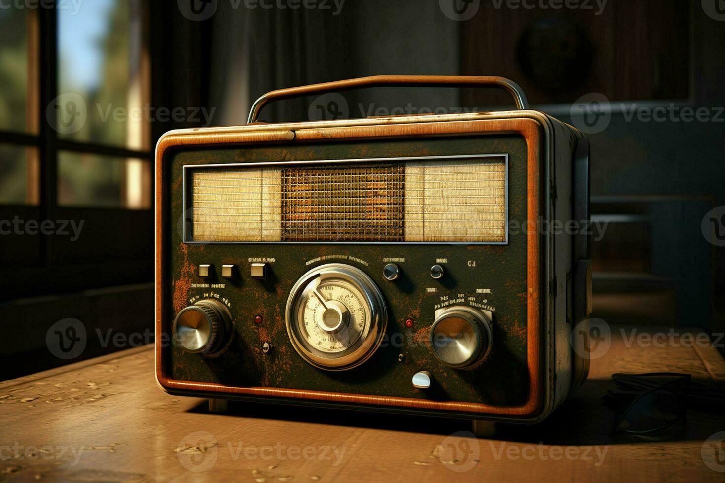 Clásico radio en un de madera mesa en el interior de el habitación, Clásico estilo. retro radio. ai generado Pro foto