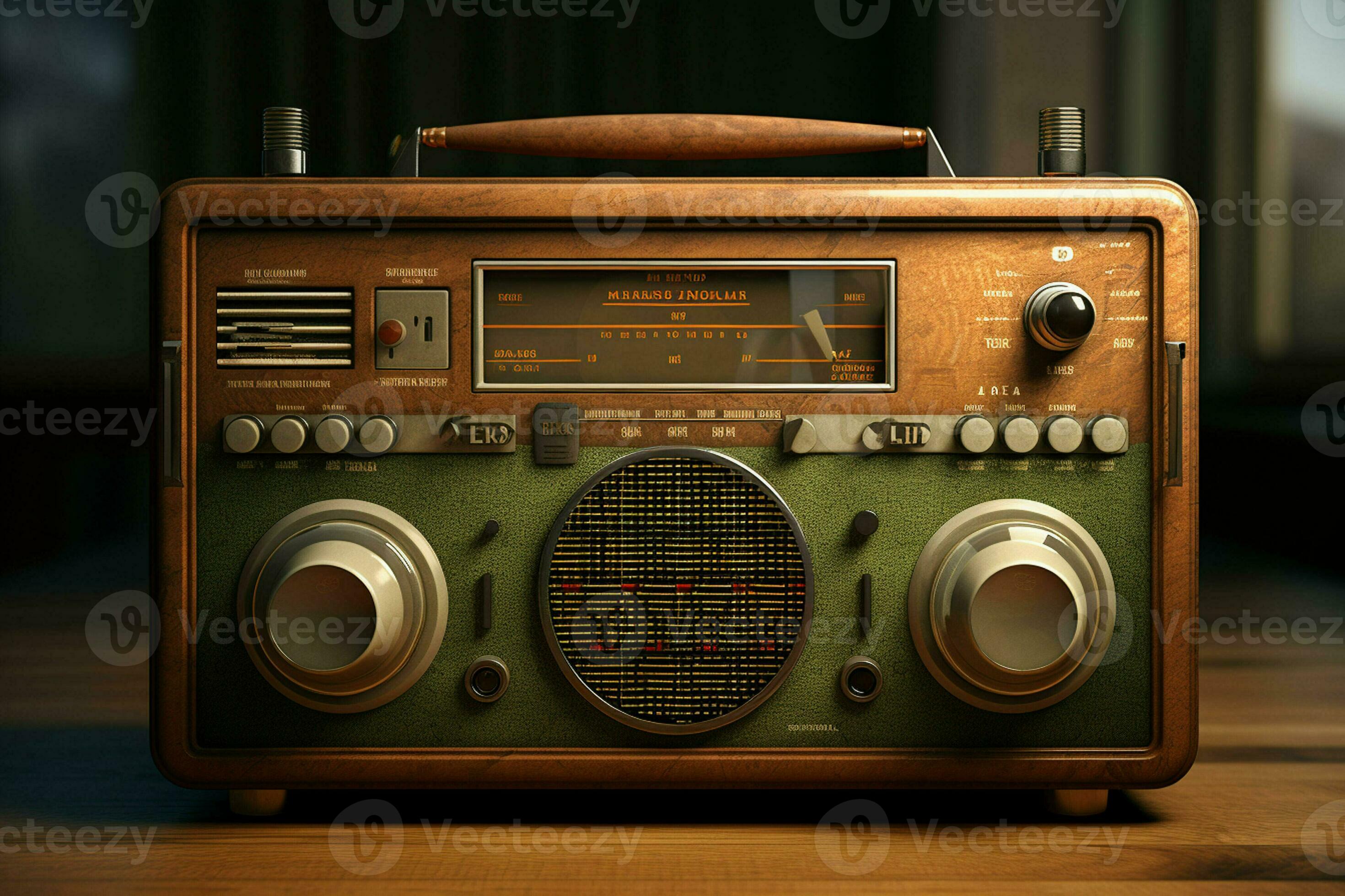 Vintage radio on a wooden table in the interior of the room, vintage
