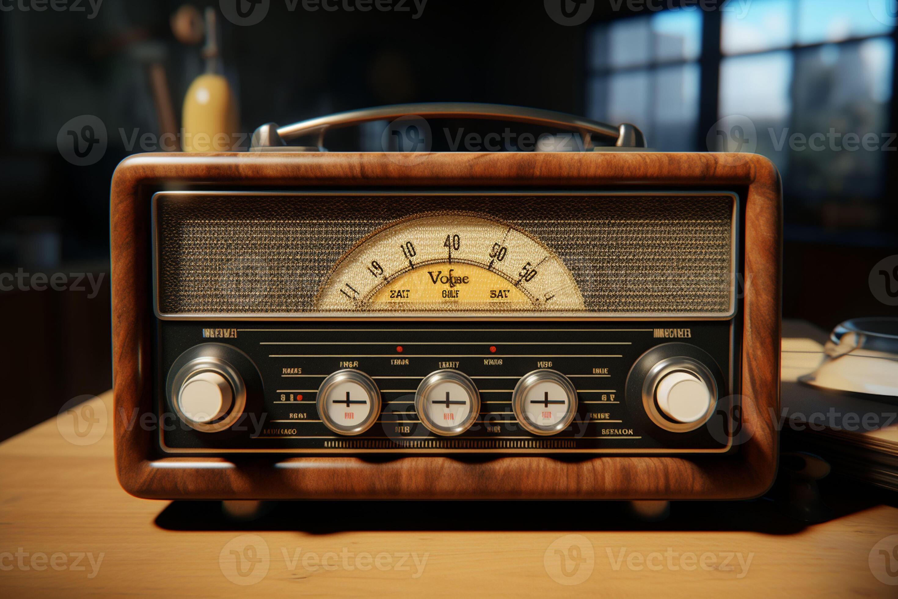 Vintage radio on a wooden table in the interior of the room, vintage