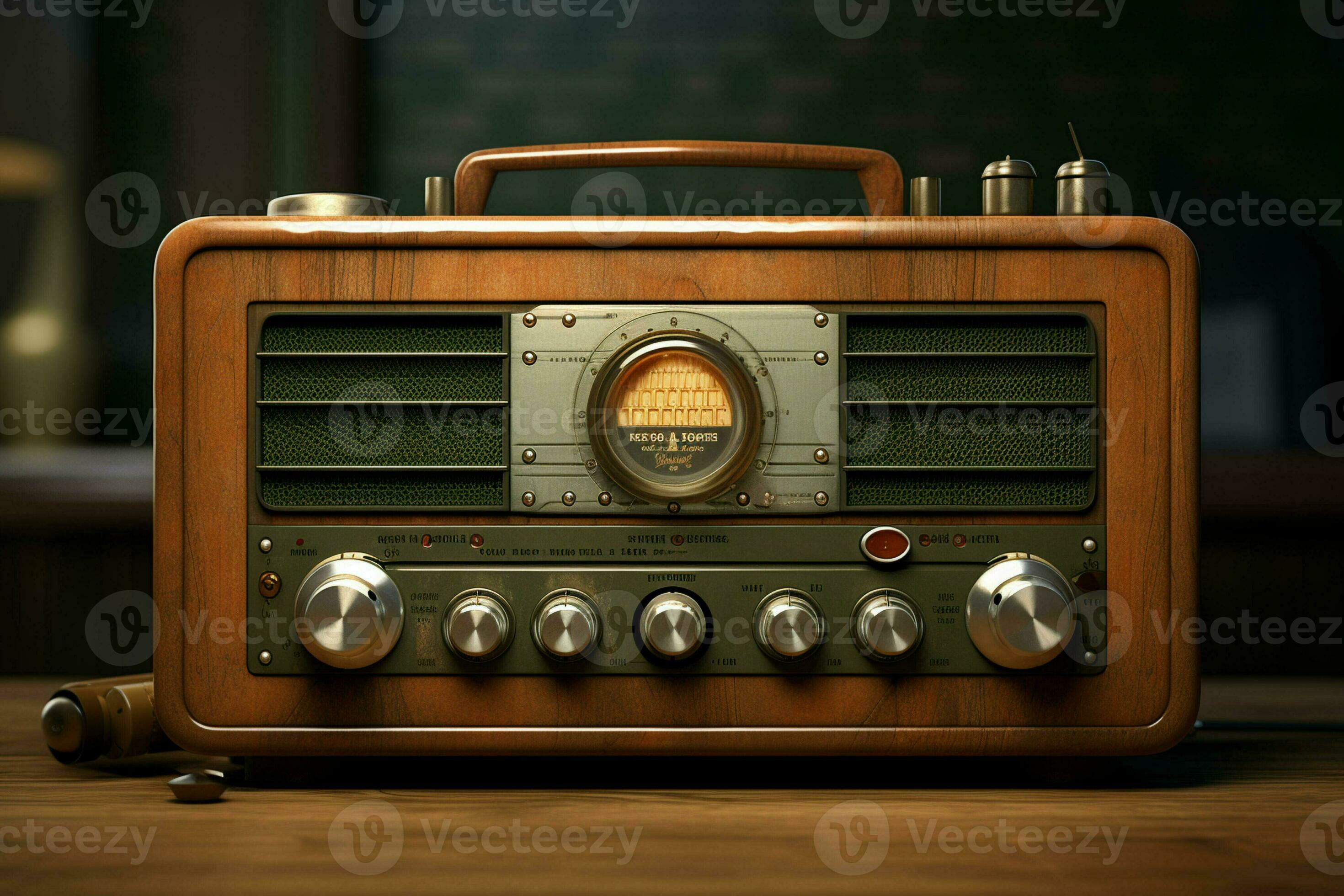 Vintage radio on a wooden table in the interior of the room