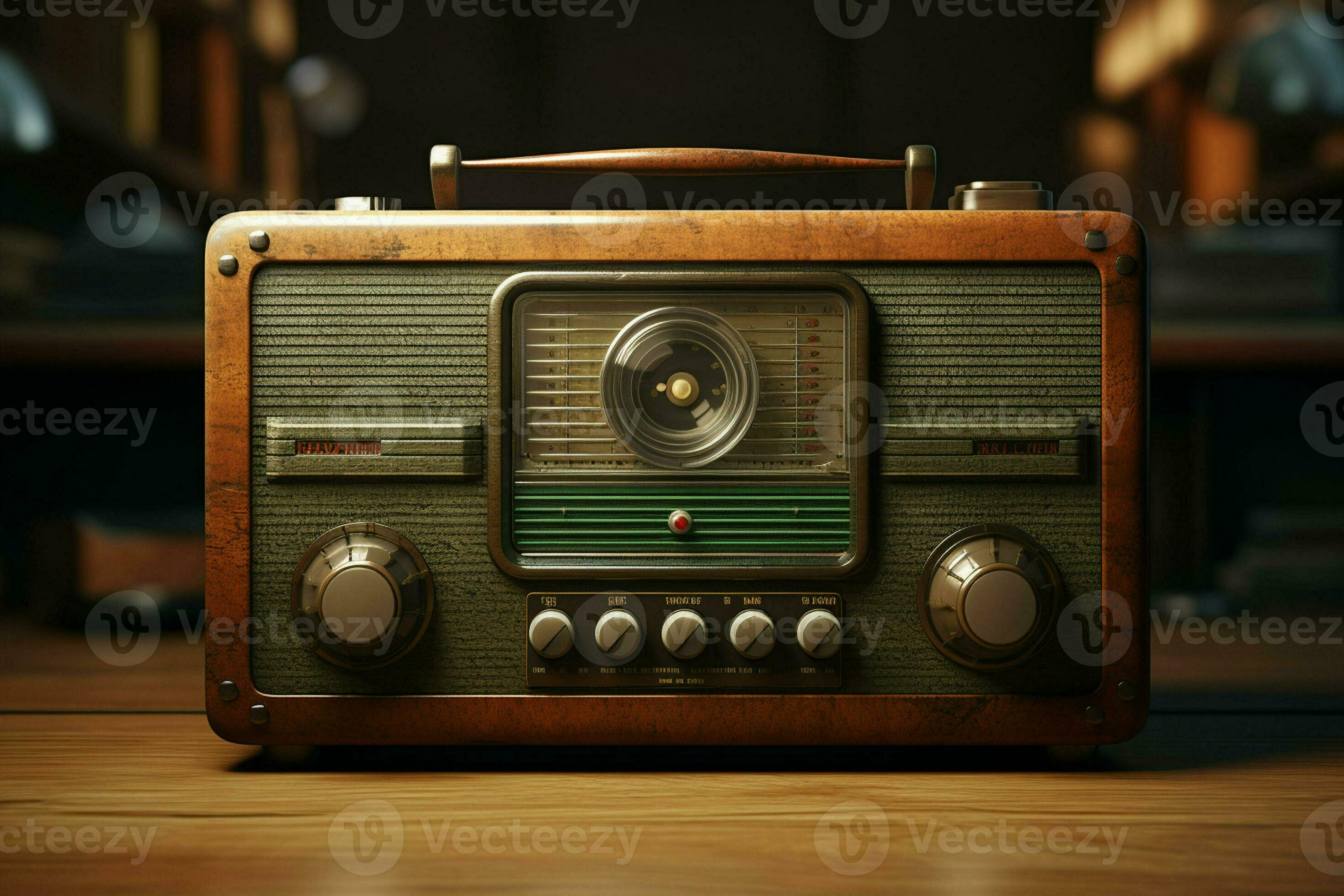 Vintage radio on a wooden table in the interior of the room, vintage