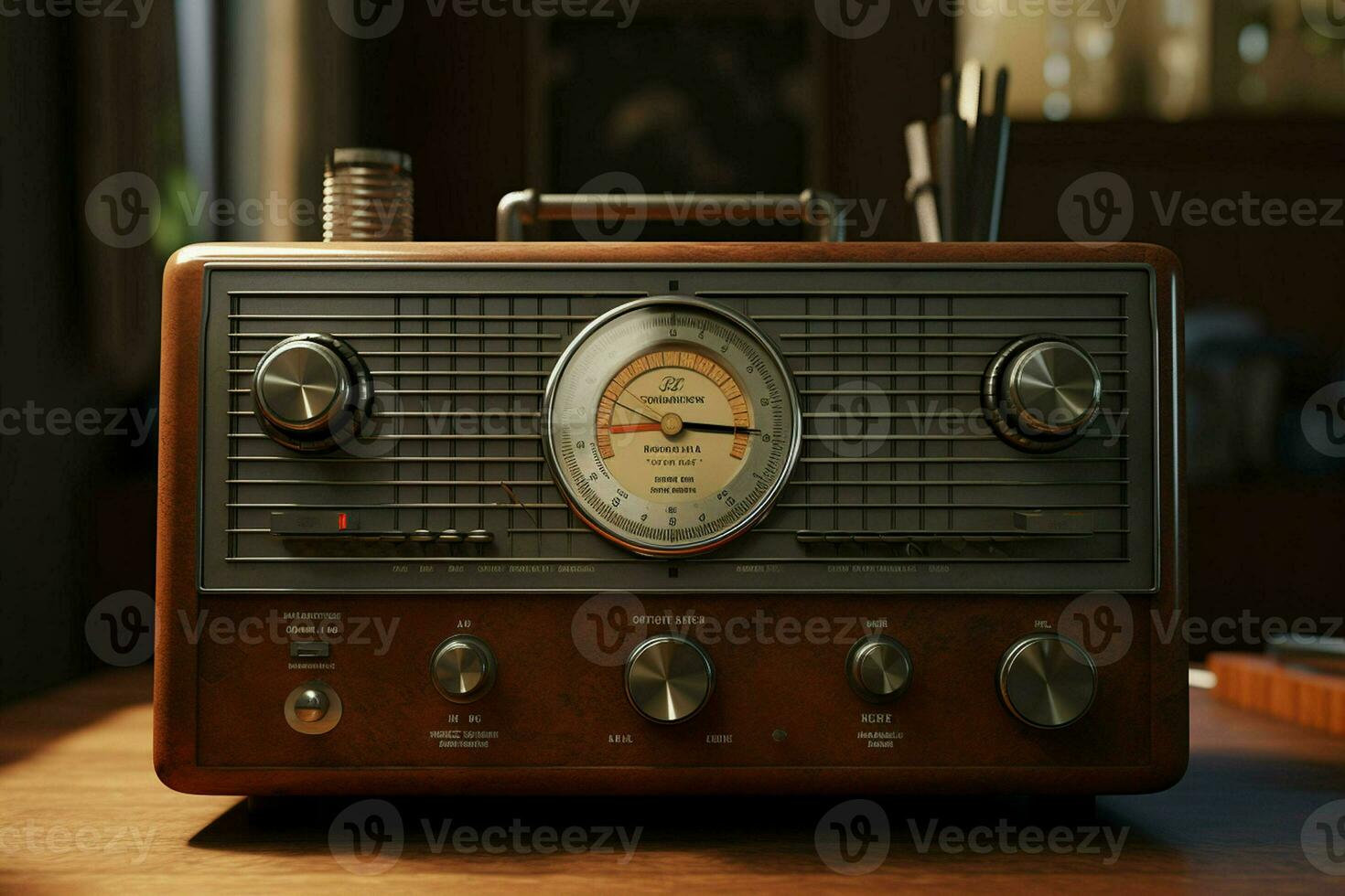 Vintage radio on a wooden table in the interior of the room, vintage style. Retro radio. ai generated  pro photo