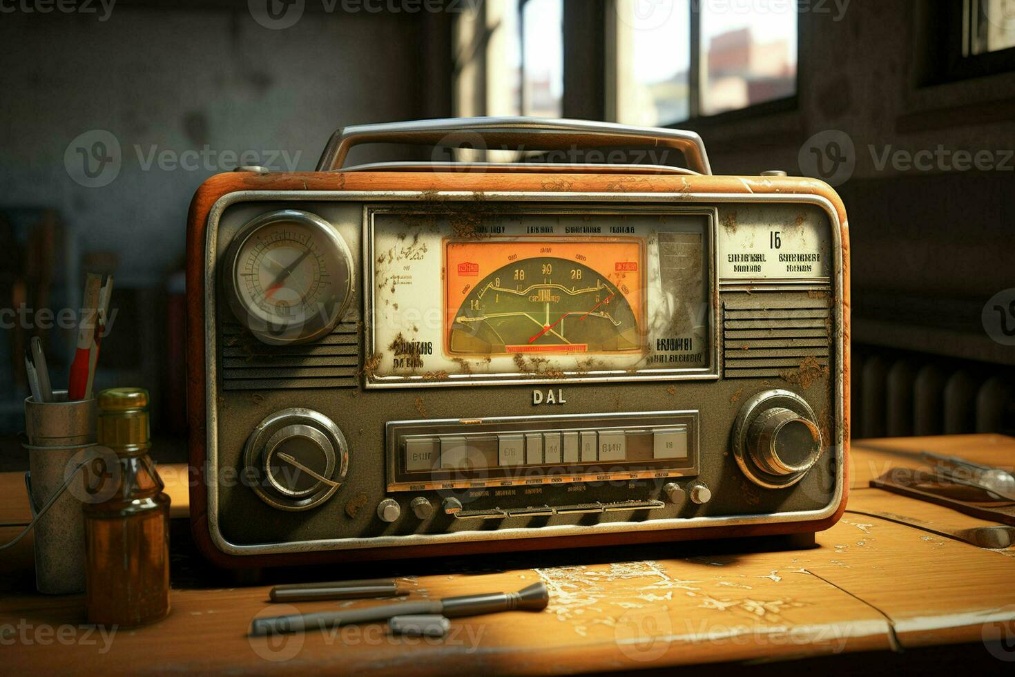 Vintage radio on a wooden table in the interior of the room, vintage style. Retro radio. ai generated  pro photo