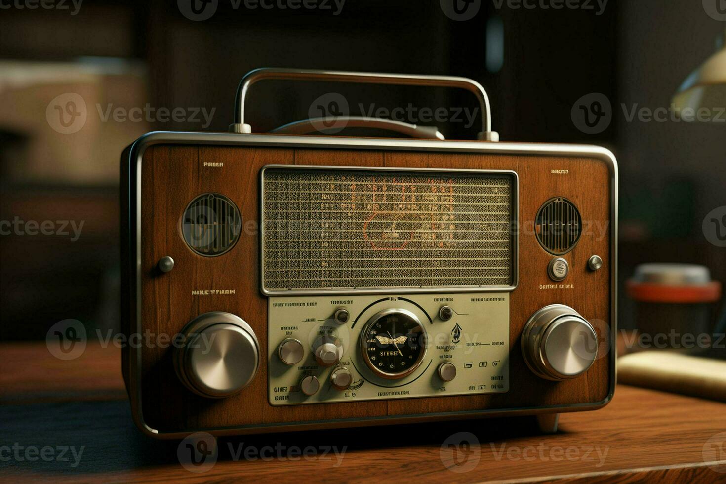 Vintage radio on a wooden table in the interior of the room, vintage style. Retro radio. ai generated  pro photo