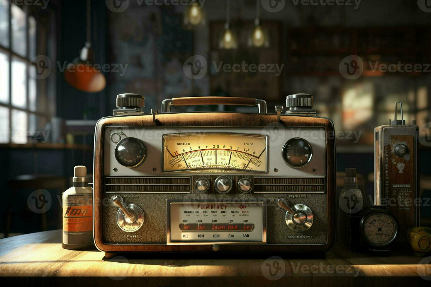 Vintage radio on a wooden table in the interior of the room, vintage style. Retro radio. ai generated  pro photo