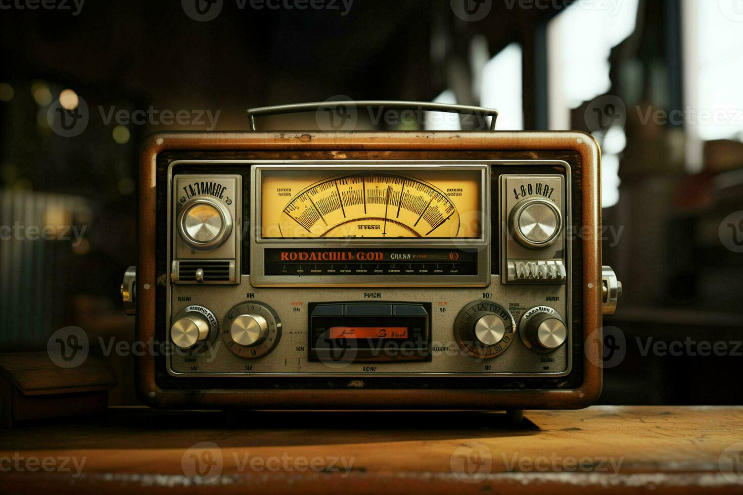 Vintage radio on a wooden table in the interior of the room, vintage style. Retro radio. ai generated  pro photo