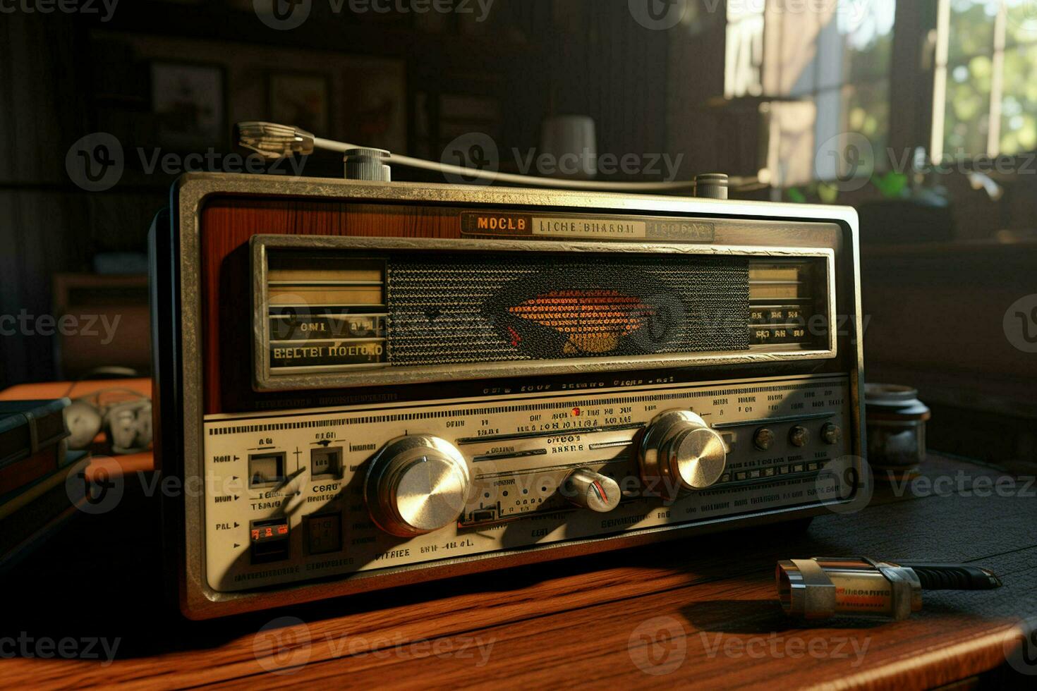 Vintage radio on a wooden table in the interior of the room, vintage style. Retro radio. ai generated  pro photo