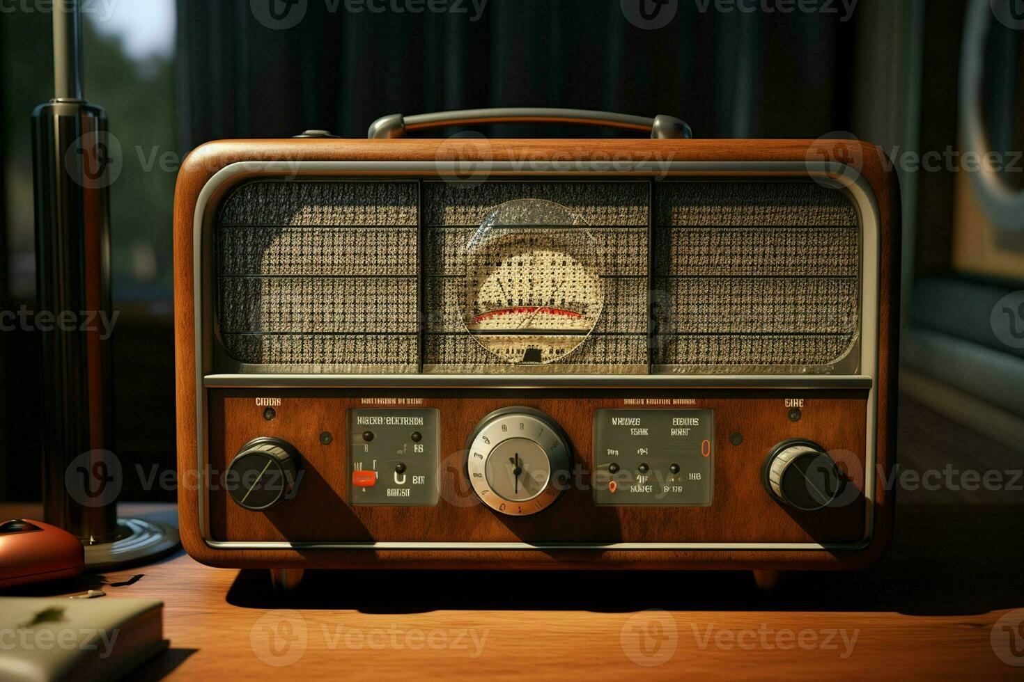 Vintage radio on a wooden table in the interior of the room, vintage style. Retro radio. ai generated  pro photo