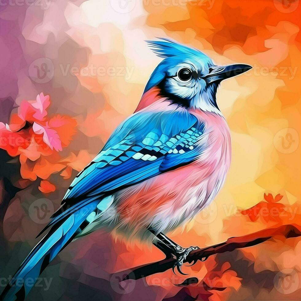 Blue jay bird on a branch with colorful background. ai generated pro photo