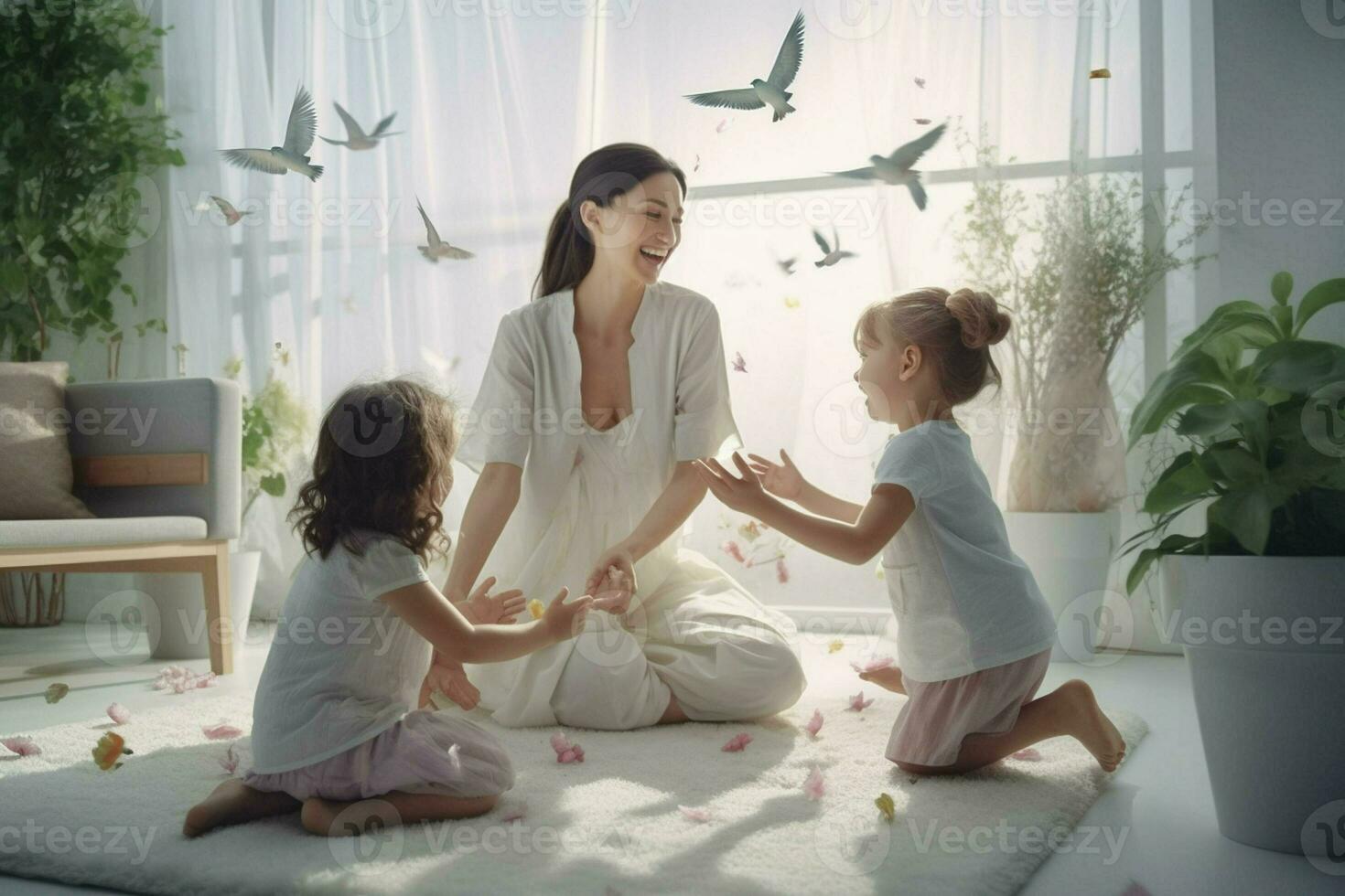 madre y su niños jugando en vivo habitación a hogar, contento familia. ai generado Pro foto