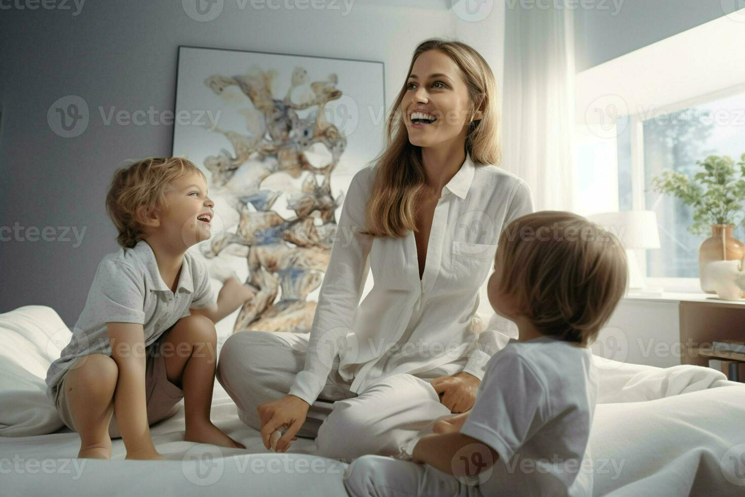 madre y su niños jugando en vivo habitación a hogar, contento familia. ai generado Pro foto