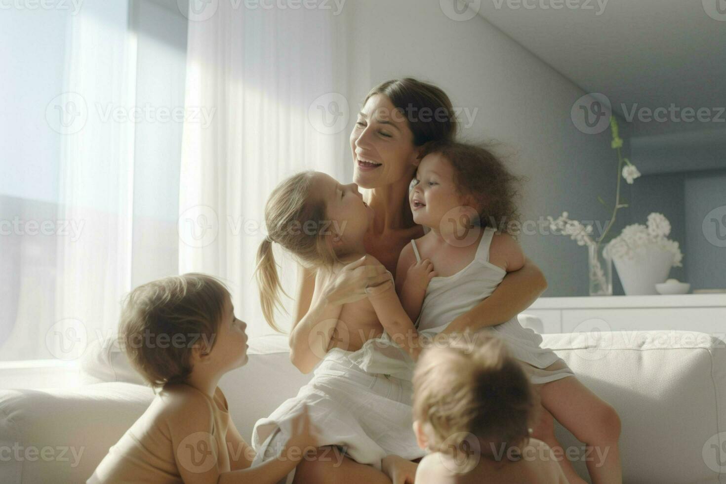 madre y su niños jugando en vivo habitación a hogar, contento familia. ai generado Pro foto