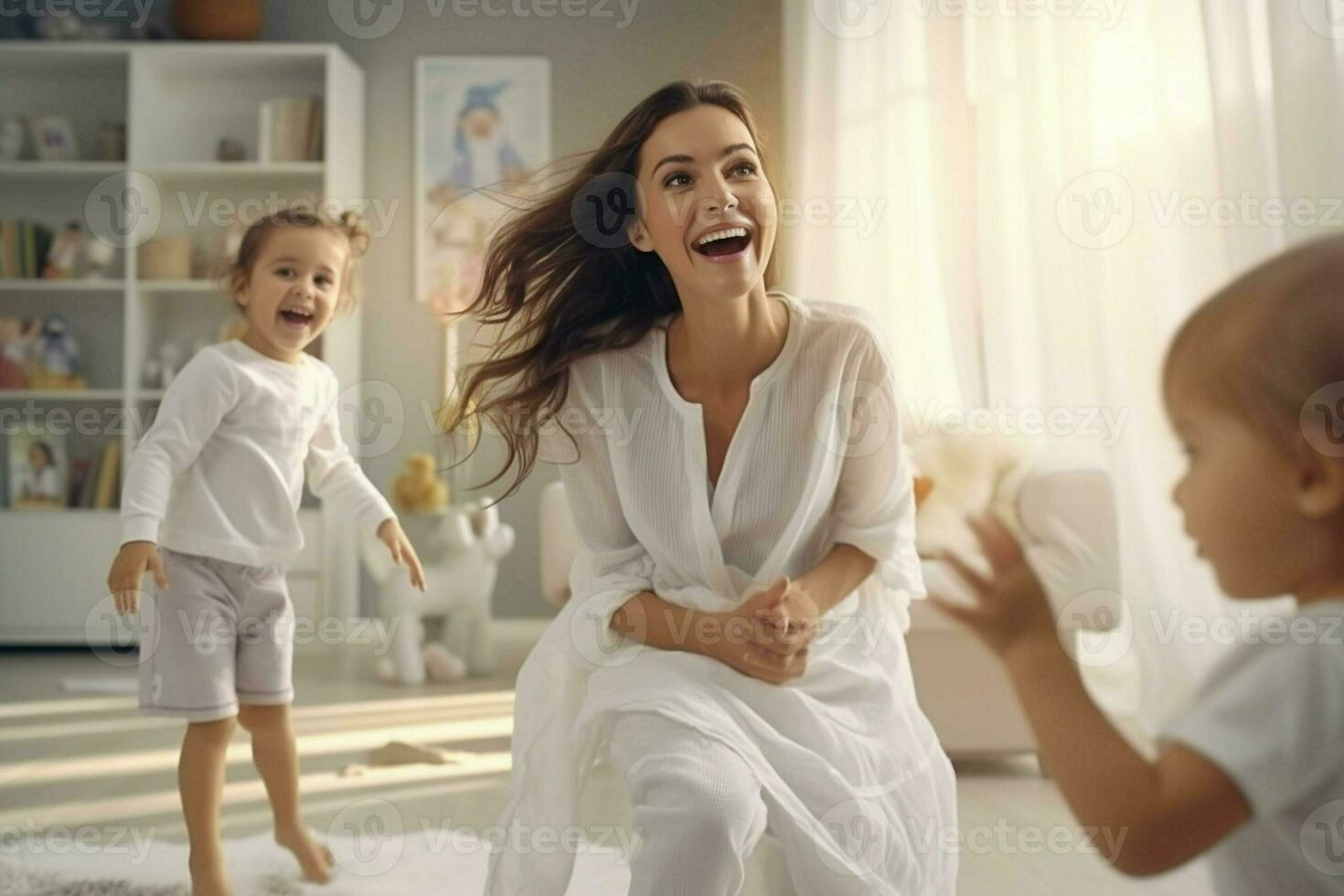 Mother and her children playing in living room at home, happy family. ai generated  pro photo