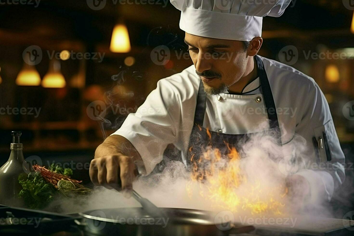 Chef cooking food in kitchen at restaurant. Portrait of handsome bearded chef cooking food in restaurant. ai generated pro photo