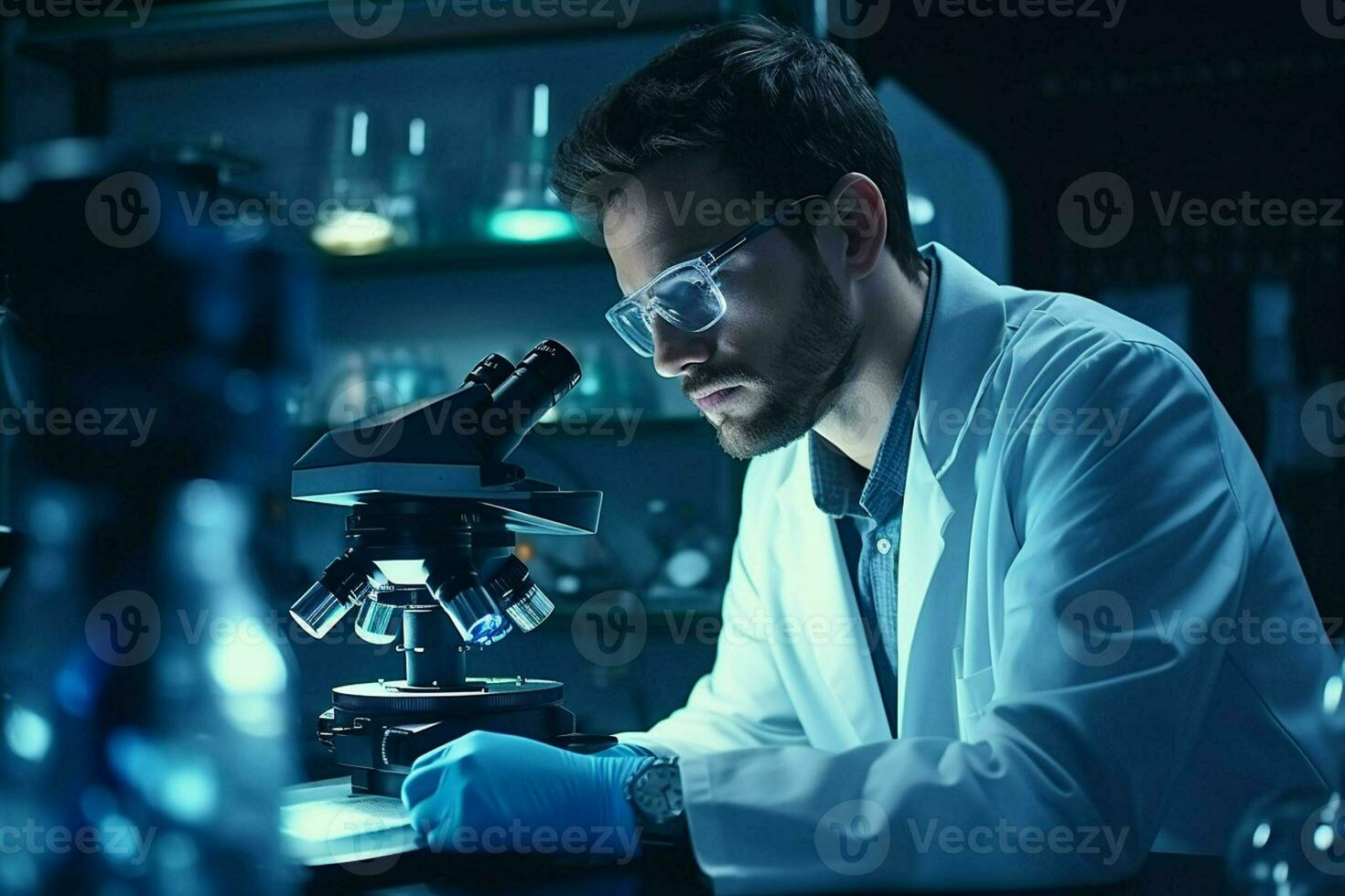 Scientist working with microscope in laboratory. Medical research and development. ai generated  pro photo