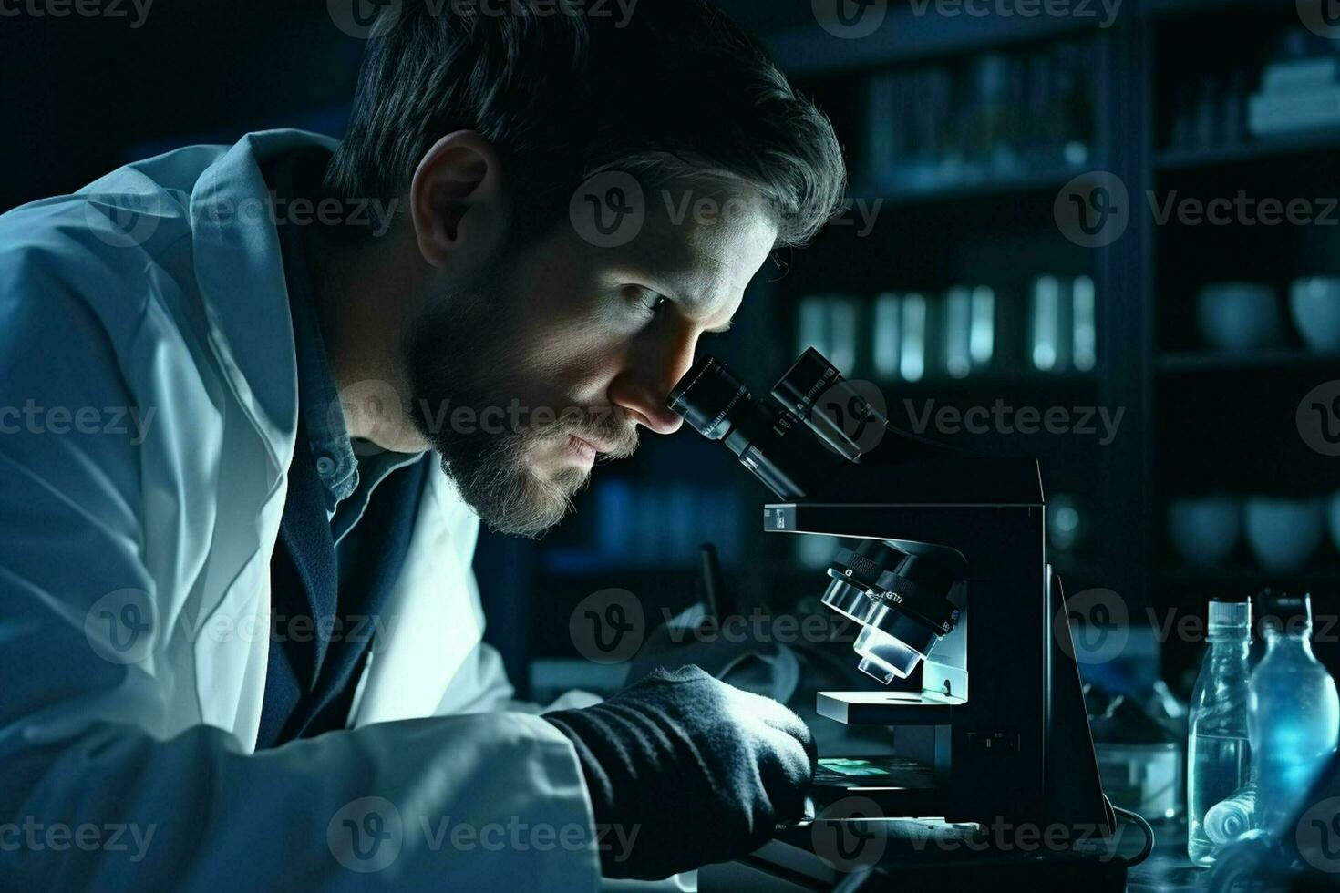 científico trabajando con microscopio en laboratorio. médico investigación y desarrollo. ai generado Pro foto