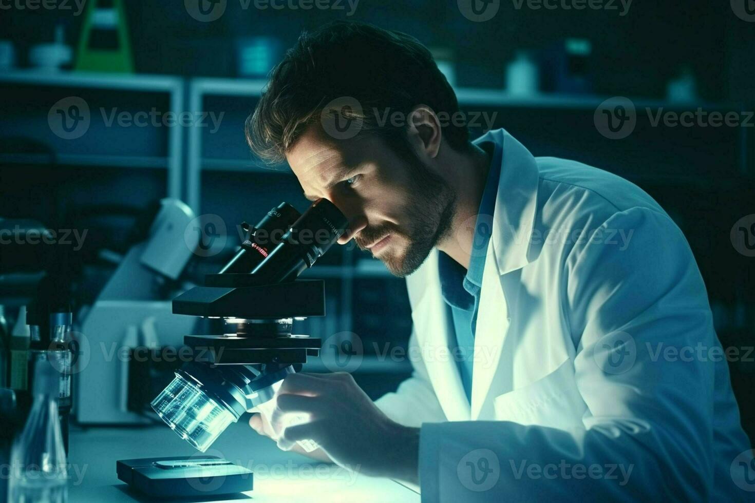 Scientist working with microscope in laboratory. Medical research and development. ai generated  pro photo