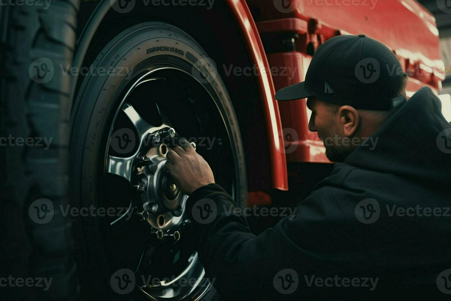 auto mechanic changing a car tire at a car repair service station. mechanic changing a car wheel with a wrench in a garage. ai generated pro photo