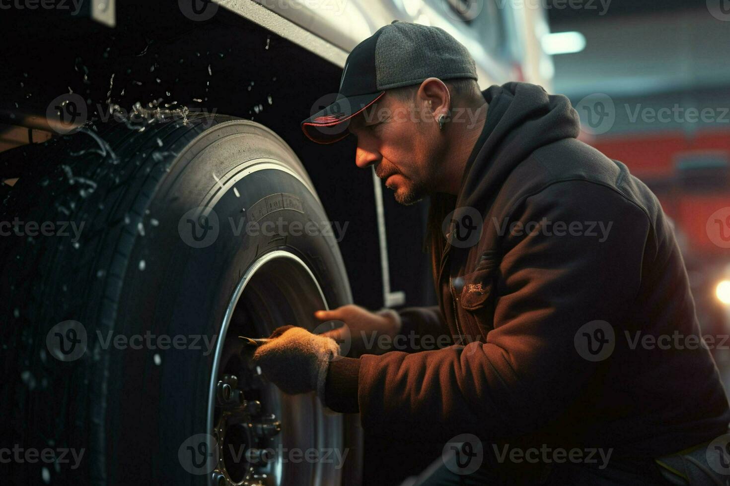 auto mechanic changing a car tire at a car repair service station. mechanic changing a car wheel with a wrench in a garage. ai generated pro photo