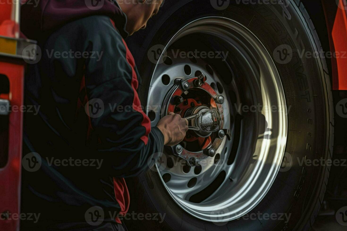 auto mechanic changing a car tire at a car repair service station. mechanic changing a car wheel with a wrench in a garage. ai generated pro photo