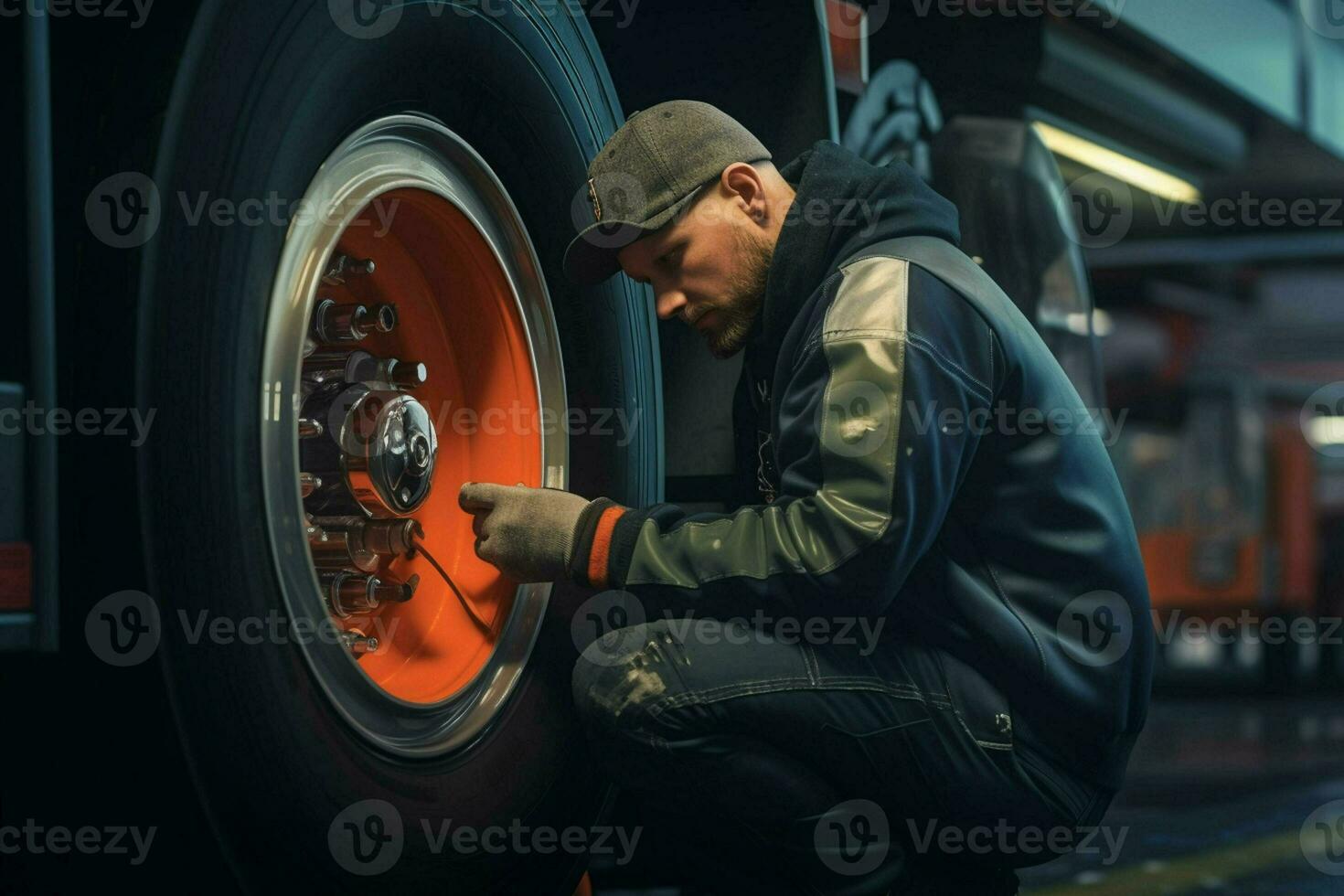 auto mechanic changing a car tire at a car repair service station. mechanic changing a car wheel with a wrench in a garage. ai generated pro photo