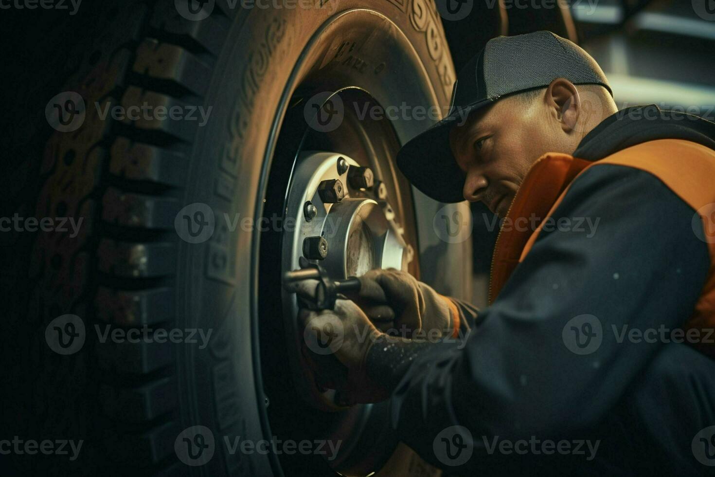 auto mecánico cambiando un coche neumático a un coche reparar Servicio estación. mecánico cambiando un coche rueda con un llave inglesa en un cochera. ai generado Pro foto