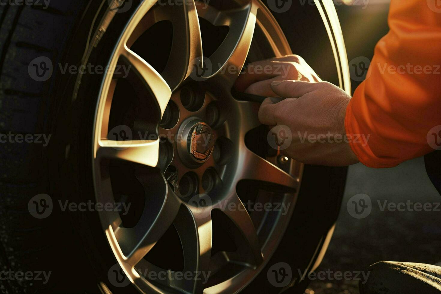 Close-up of a car mechanic changing a wheel with a wrench. Car mechanic repairing car wheel in auto repair shop. ai generated pro photo