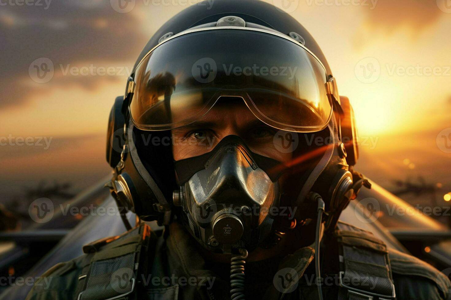 Portrait of a pilot with a gas mask on the background of a sunset. ai generate  pro photod photo