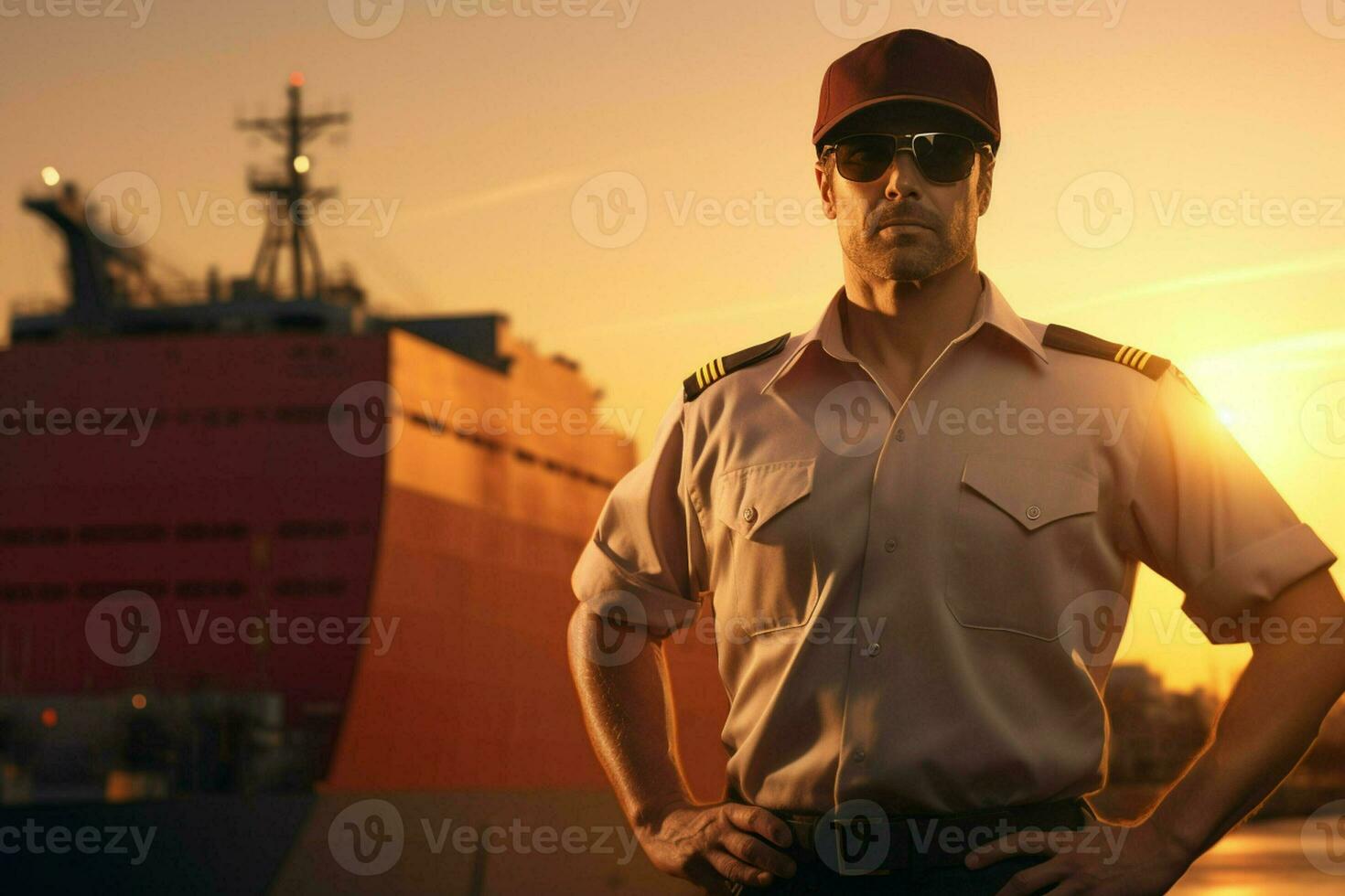 retrato de confidente masculino piloto en pie con manos en caderas y mirando a cámara mientras en pie en contra carga Embarcacion a puesta de sol. ai generado Pro foto