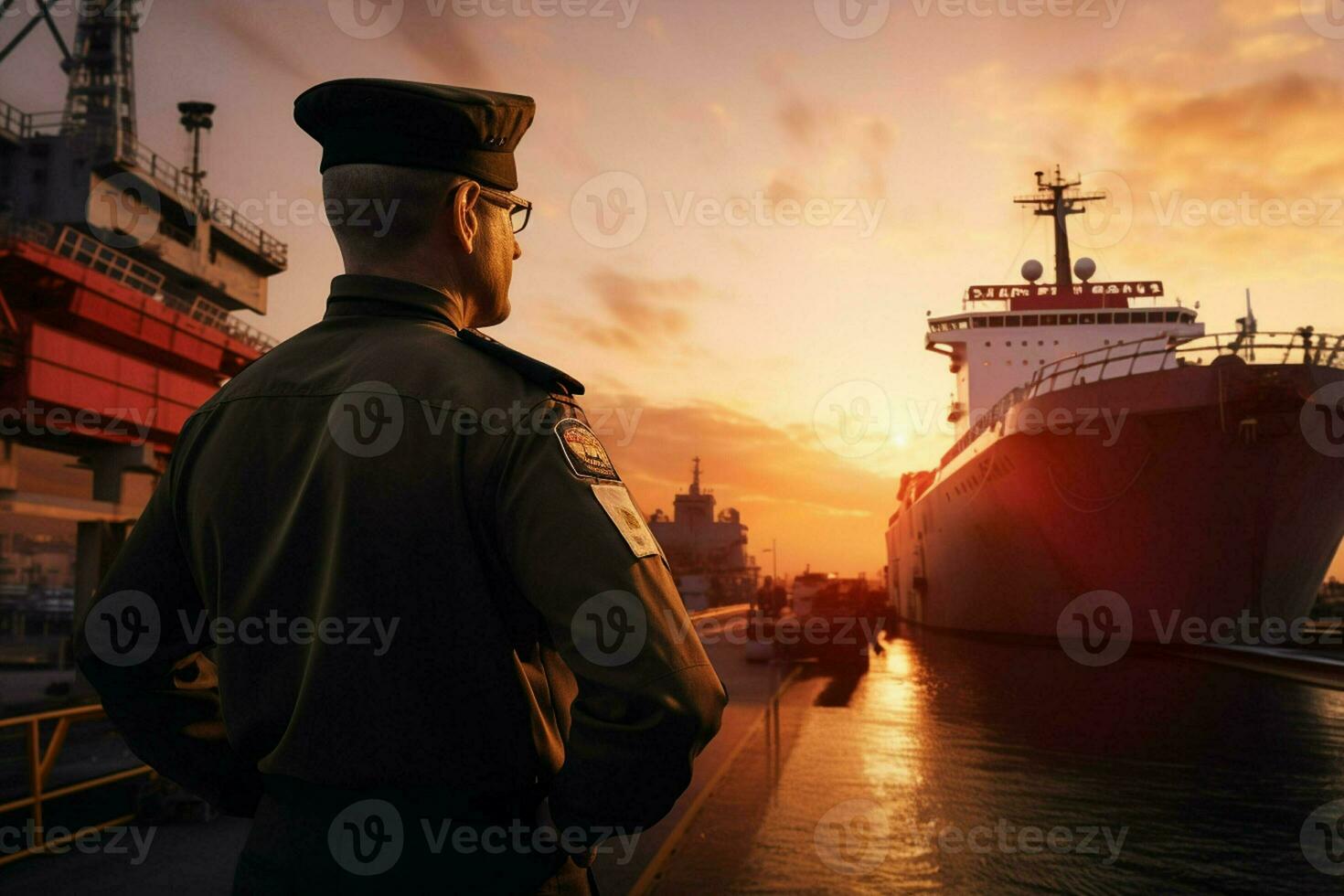 Portrait of confident male pilot standing with hands on hips and looking at camera while standing against cargo ship at sunset. ai generated pro photo
