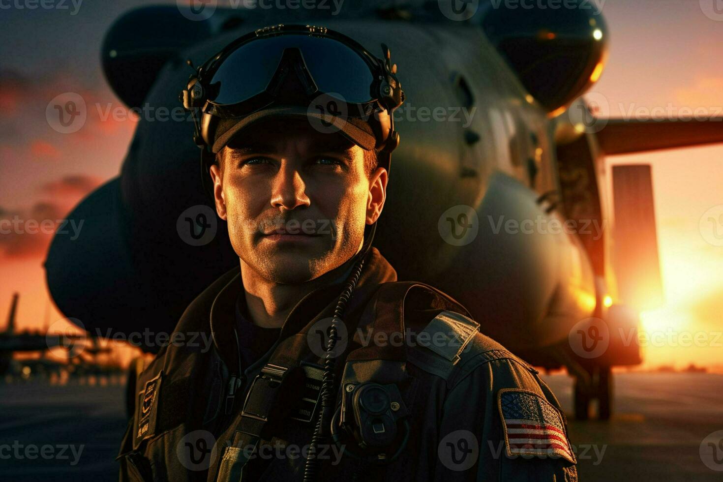 Helicopter at sunset Close-up portrait of pilot standing in front. ai generated  pro photo