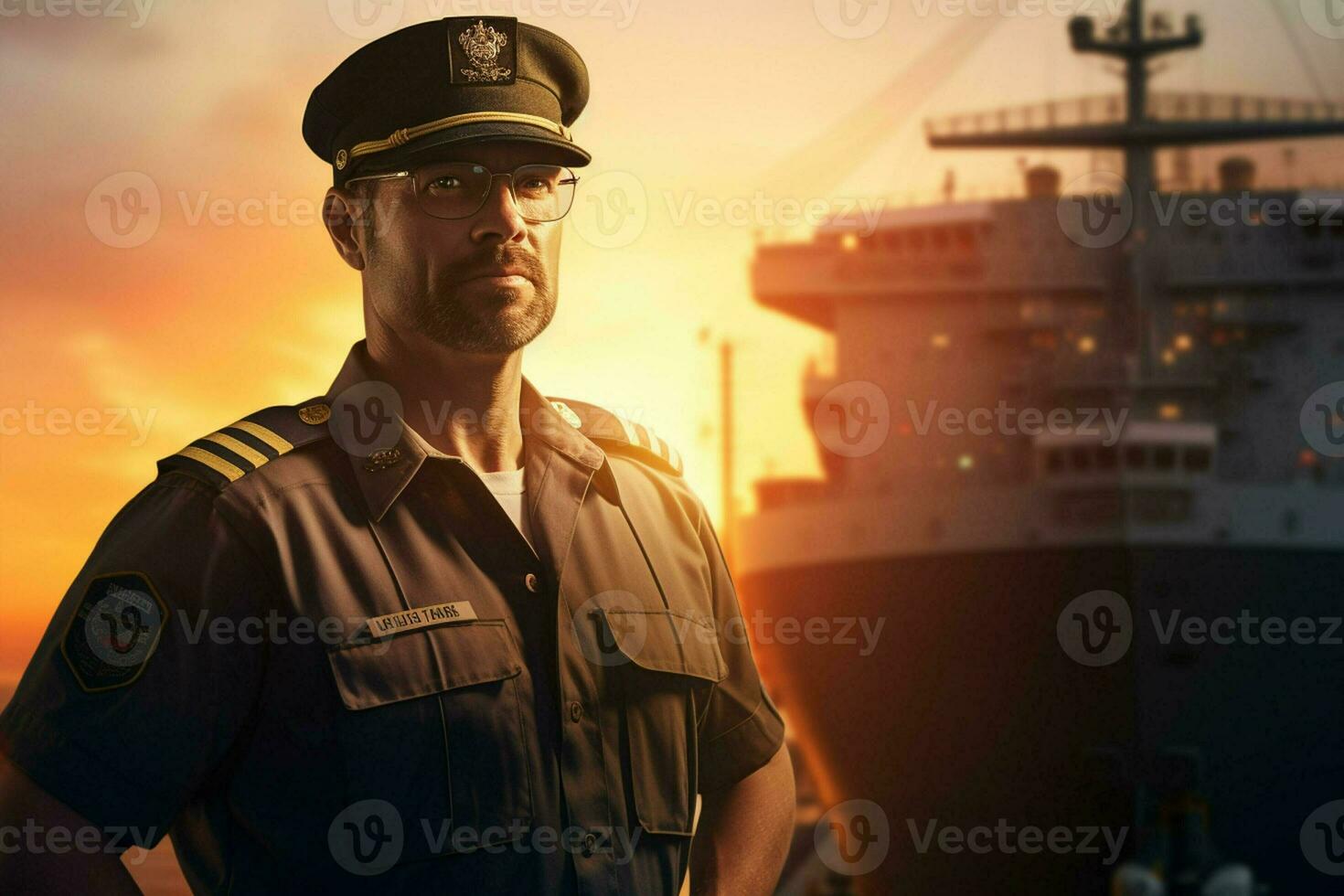 Portrait of confident male pilot standing with hands on hips and looking at camera while standing against cargo ship at sunset. ai generated  pro photo