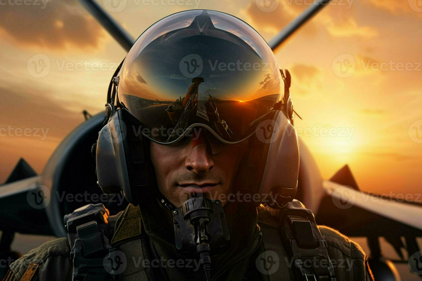 Portrait of a pilot with a gas mask on the background of a sunset. ai generate  pro photod photo