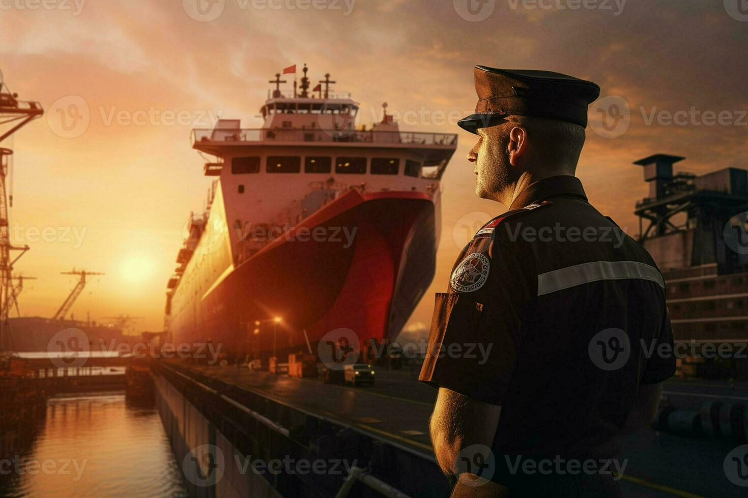 Portrait of confident male pilot standing with hands on hips and looking at camera while standing against cargo ship at sunset. ai generated pro photo