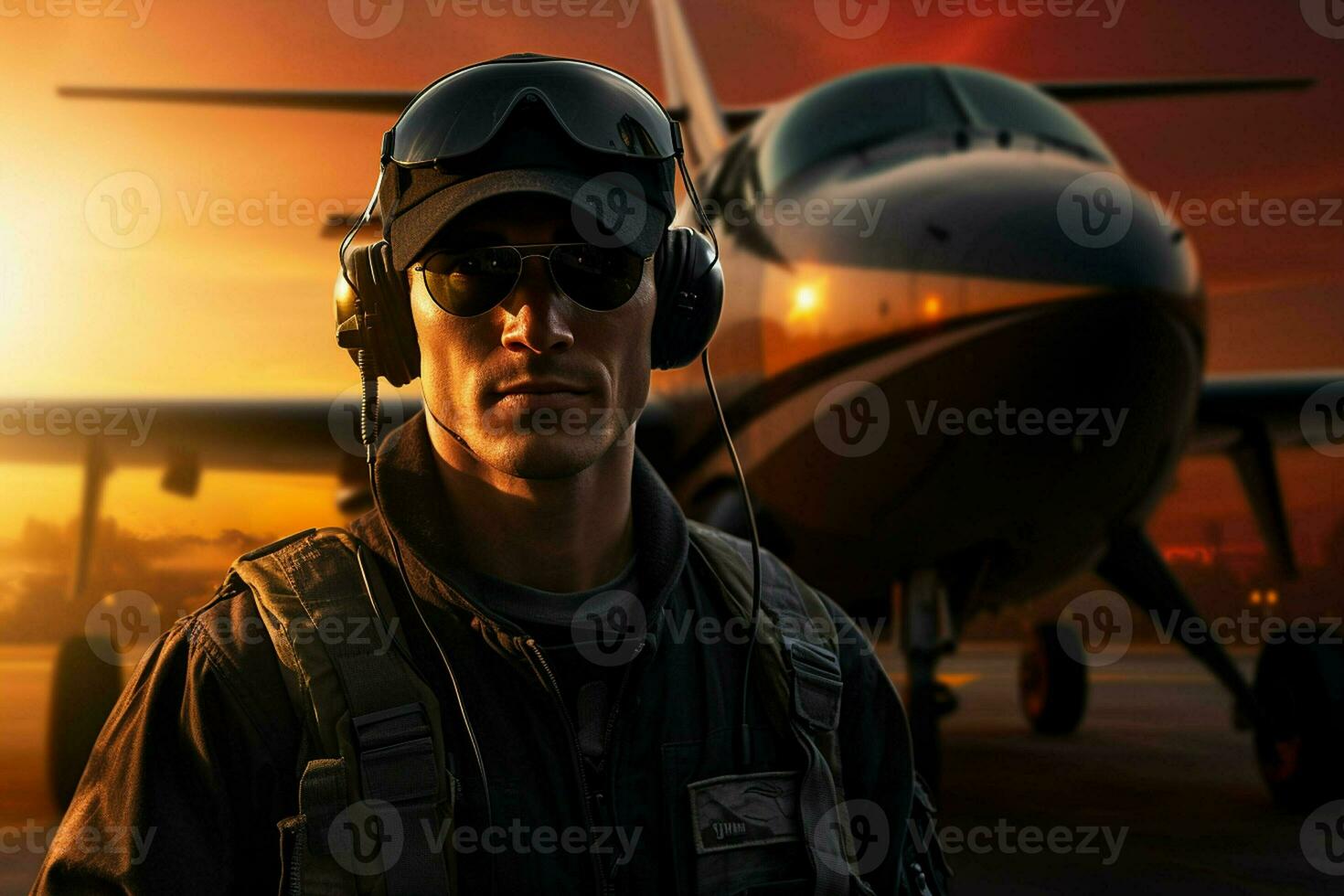 Portrait of a handsome pilot standing in front of airplane at sunset. ai generated pro photo