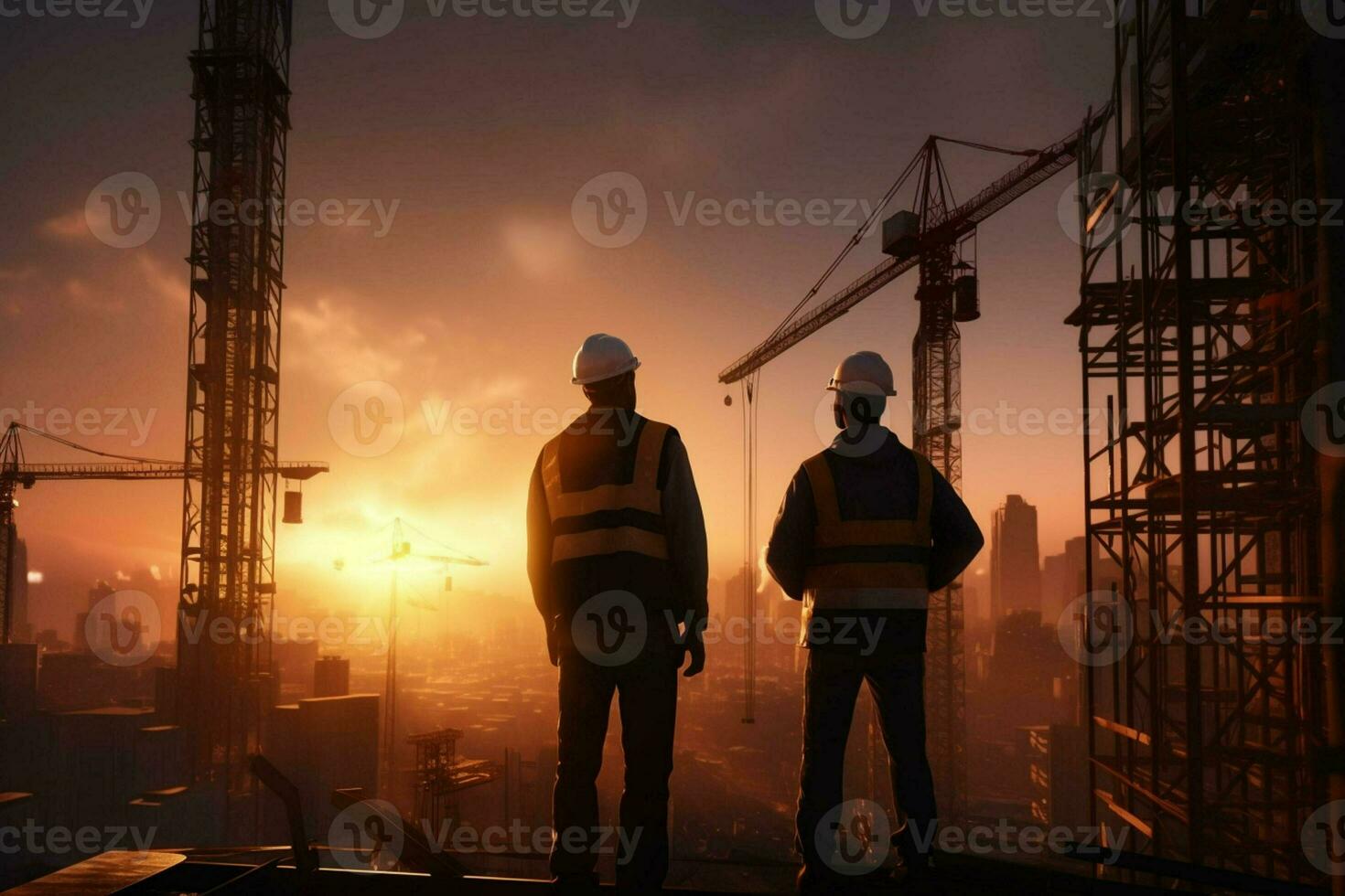 Double exposure of Engineer and Architect working on construction site with sunset background. ai generated pro photo