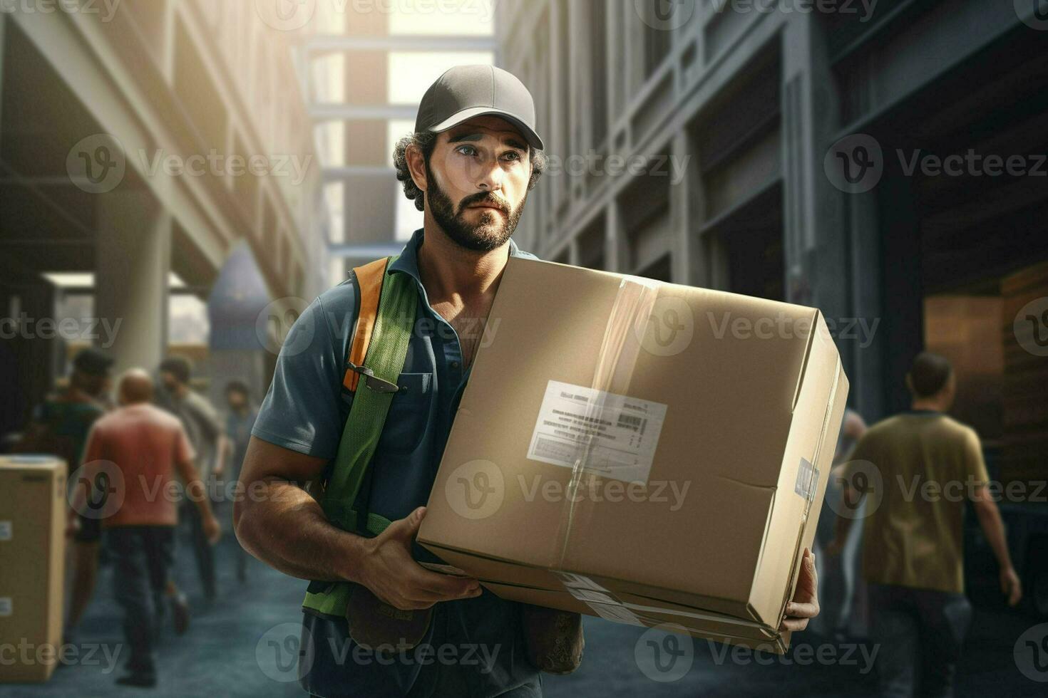 Portrait of a male worker holding a box in a warehouse. Delivery service concept. ai generated pro photo