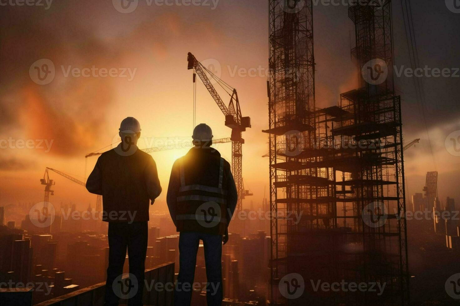 Double exposure of Engineer and Architect working on construction site with sunset background. ai generated pro photo