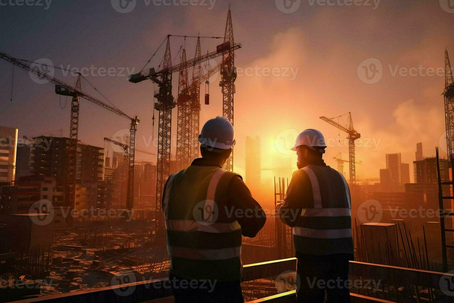 Double exposure of Engineer and Architect working on construction site with sunset background. ai generated pro photo