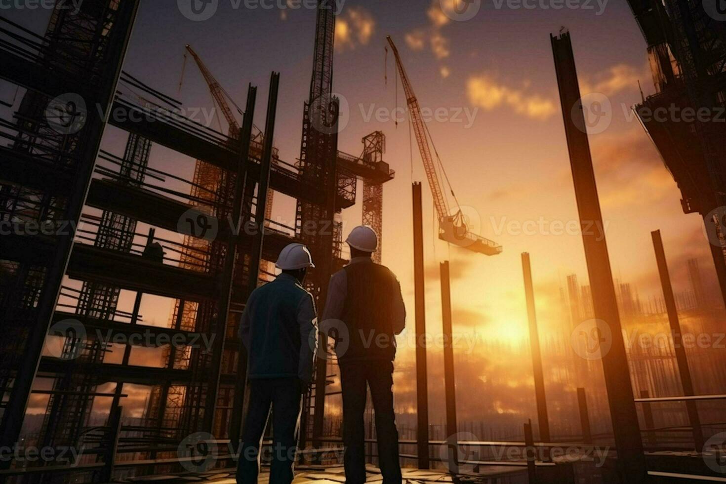 Double exposure of Engineer and Architect working on construction site with sunset background. ai generated pro photo