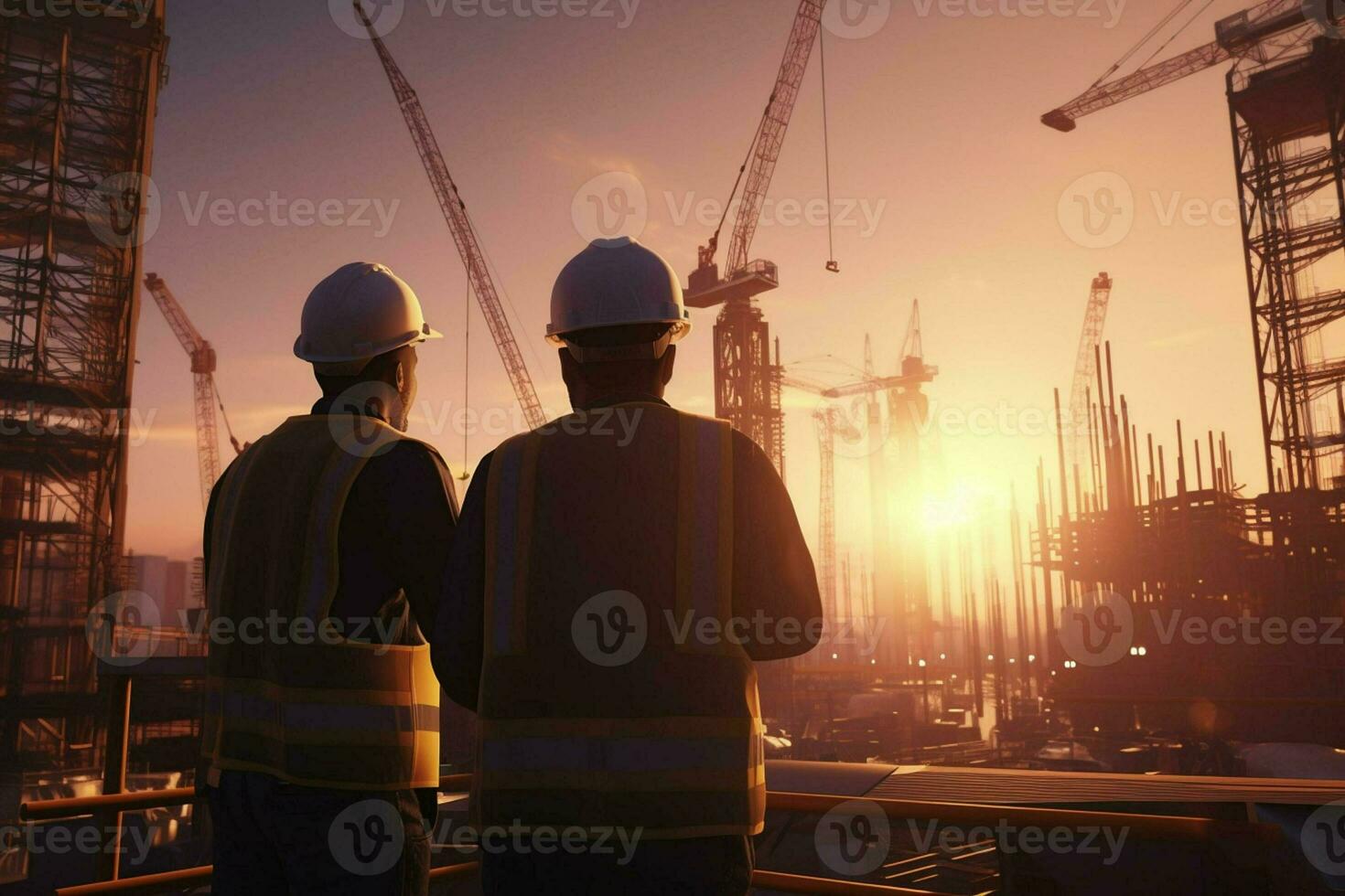 Double exposure of Engineer and Architect working on construction site with sunset background. ai generated pro photo