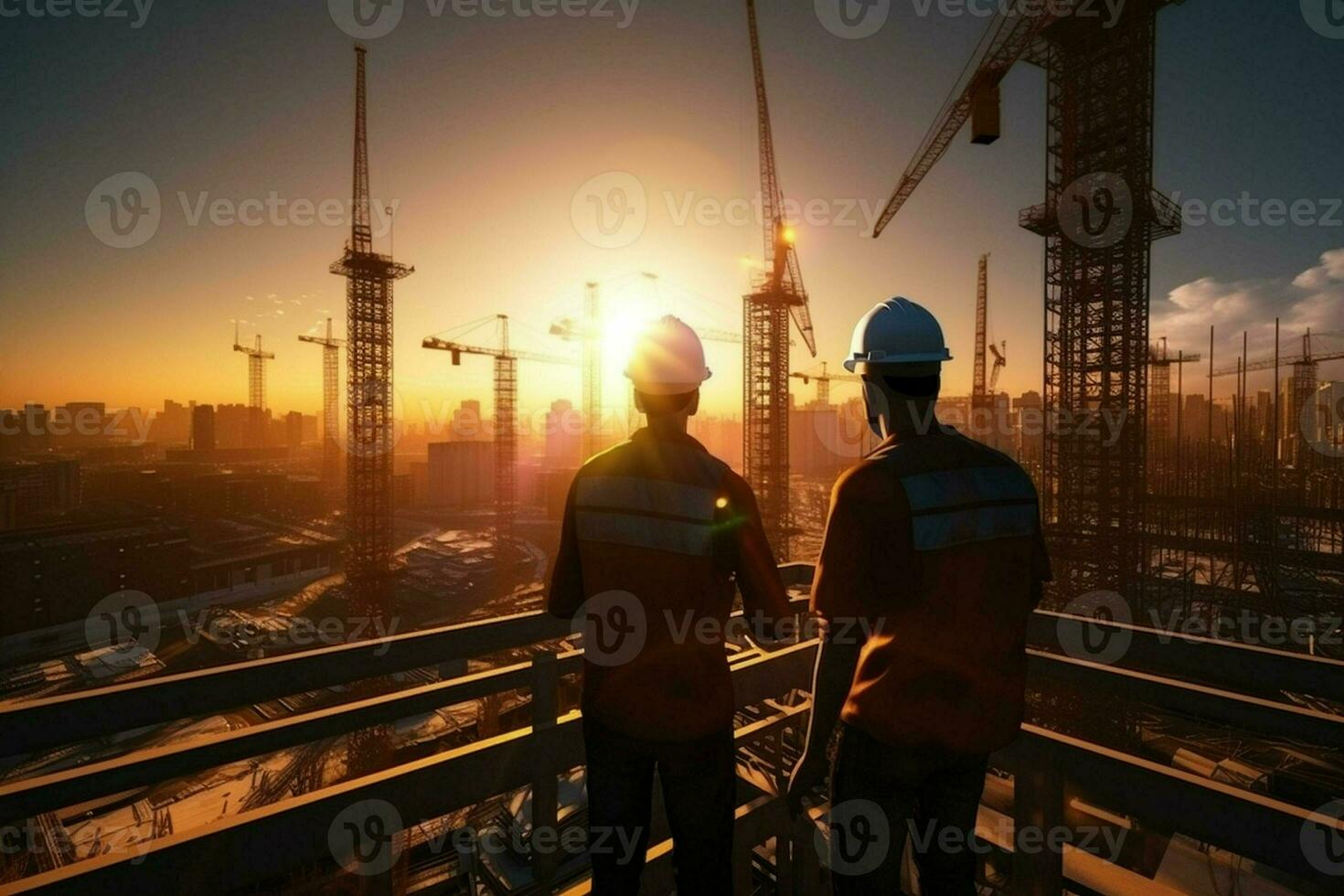 Double exposure of Engineer and Architect working on construction site with sunset background. ai generated pro photo