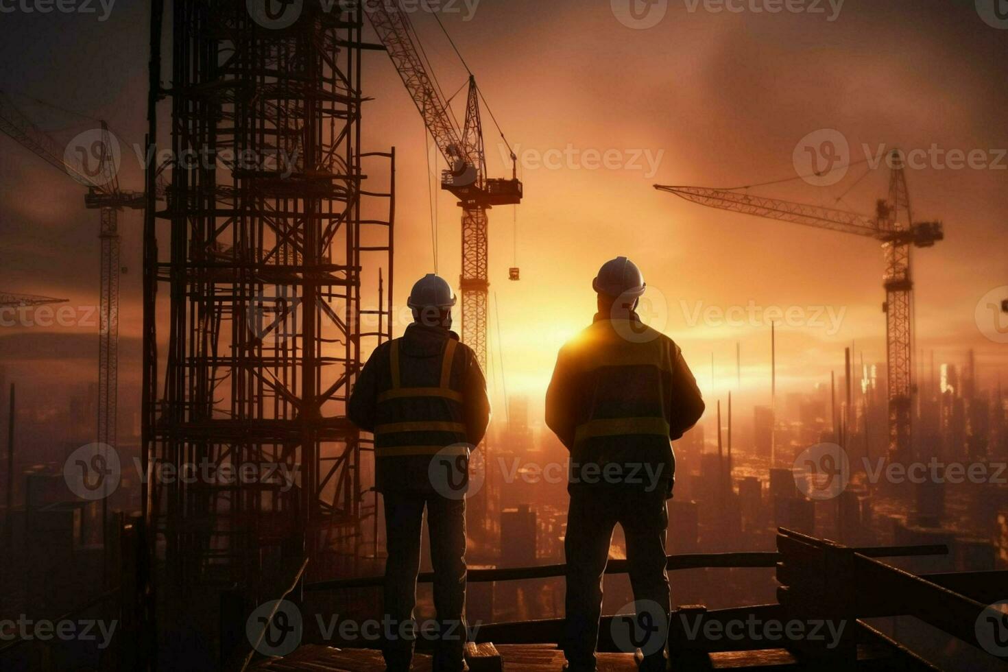 Double exposure of Engineer and Architect working on construction site with sunset background. ai generated pro photo