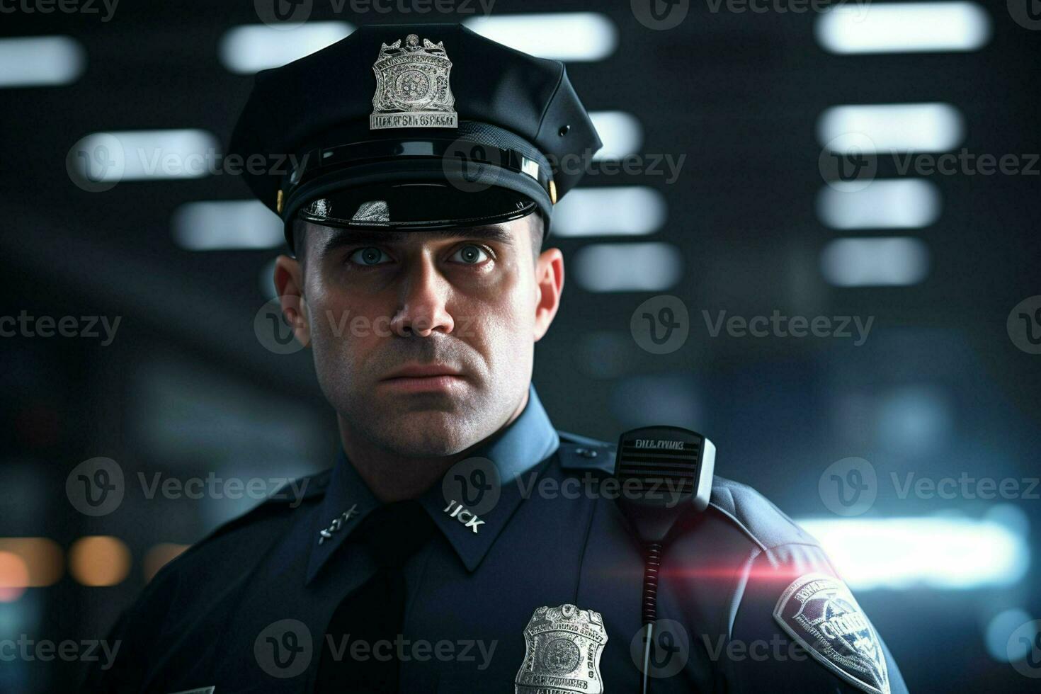 retrato de masculino policía oficial sentado a lugar de trabajo. ai generado Pro foto