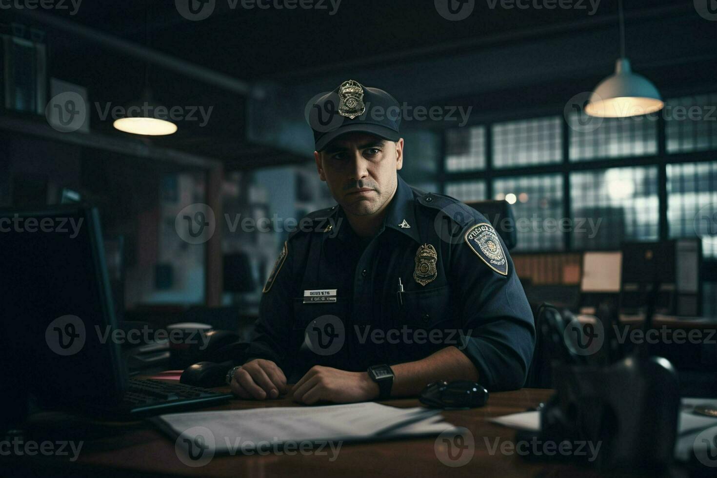 retrato de masculino policía oficial sentado a lugar de trabajo. ai generado Pro foto