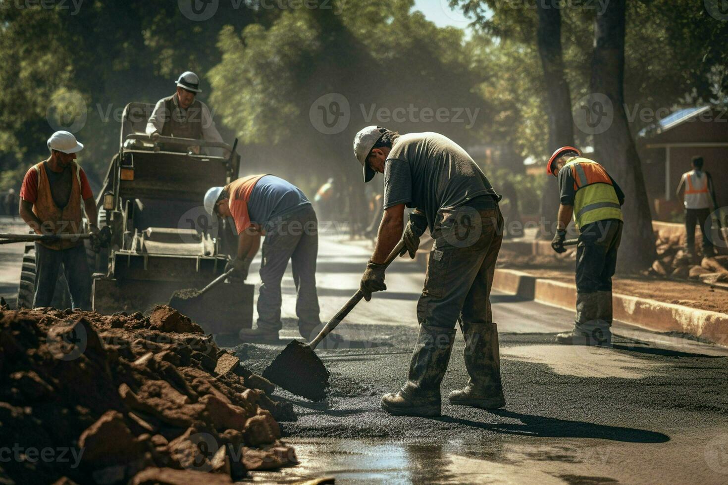 Close-up of construction equipment. Workers at the road construction site laying asphalt on a new road. ai generated pro photo