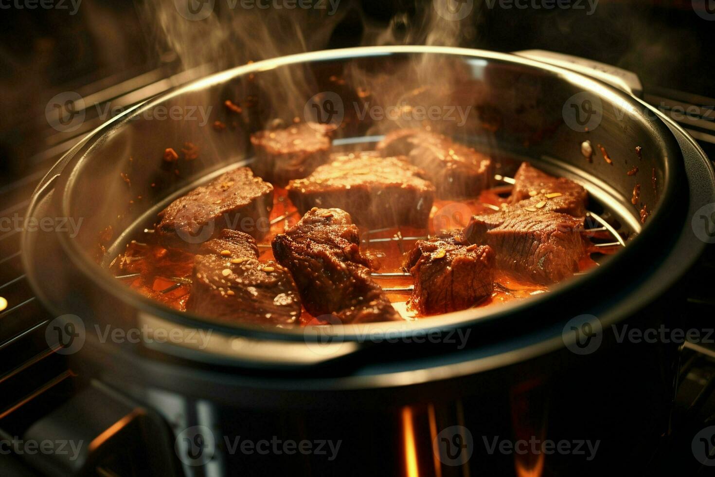 Close up of beef steaks being grilled on barbecue grill with smoke, Grilled beef steaks on a barbecue grill. Shallow depth of field. ai generated pro photo