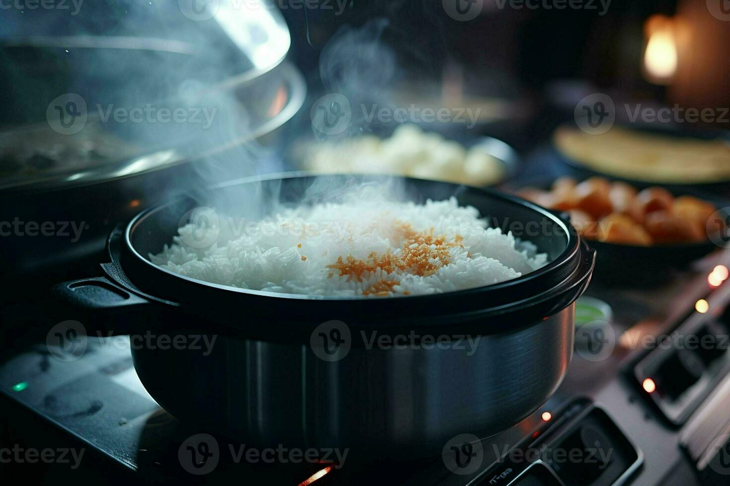 Cooking rice in hot pot with steam on stove, closeup. ai generated pro photo