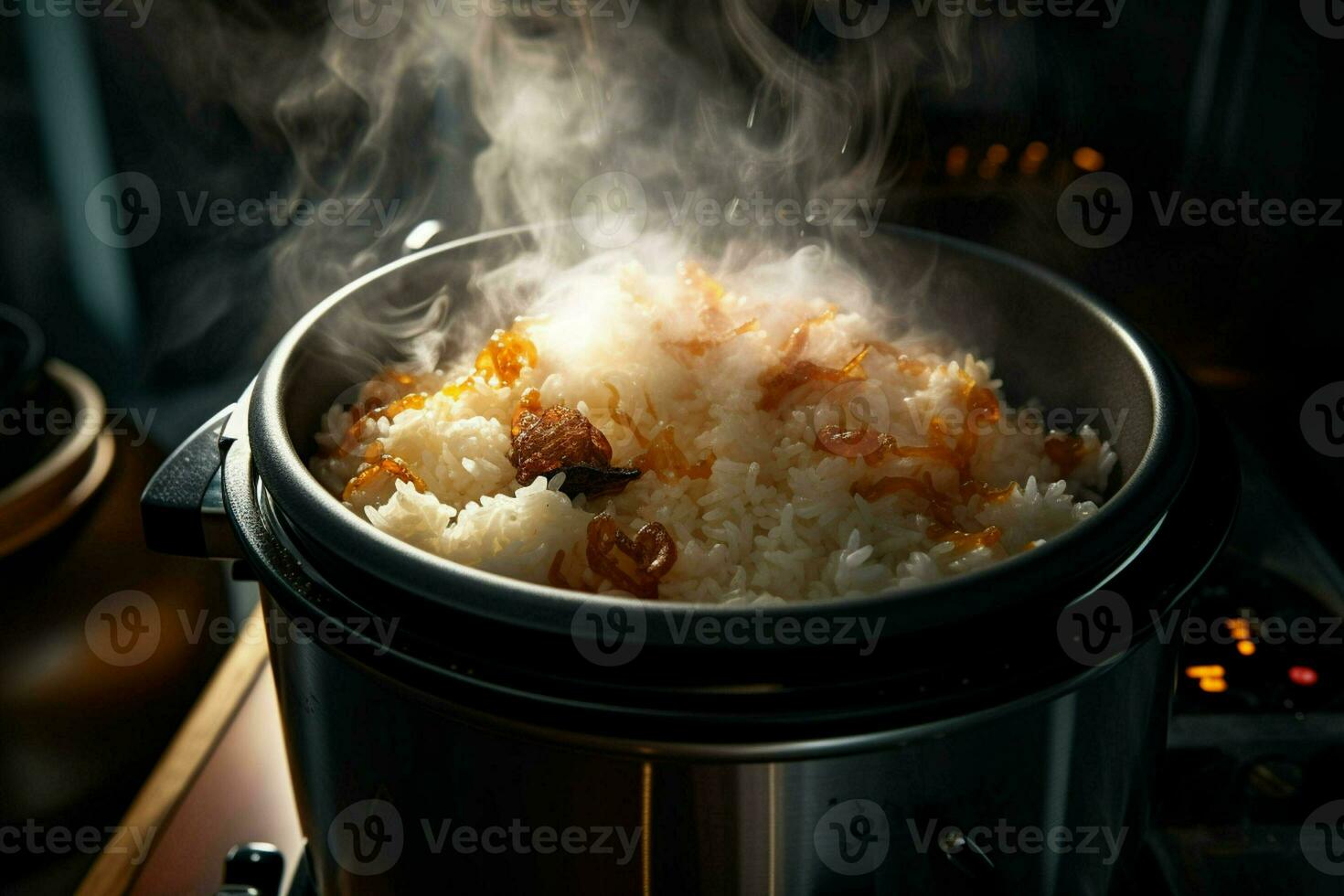 Cooking rice in hot pot with steam on stove, closeup. ai generated pro photo