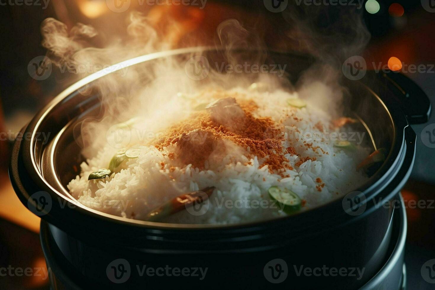 Cooking rice in hot pot with steam on stove, closeup. ai generated pro photo